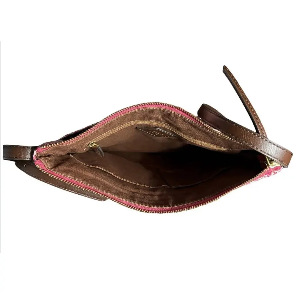 Fossil Purse Pink White Straw Leather Trim Crossbody Bag - Picture 5 of 10